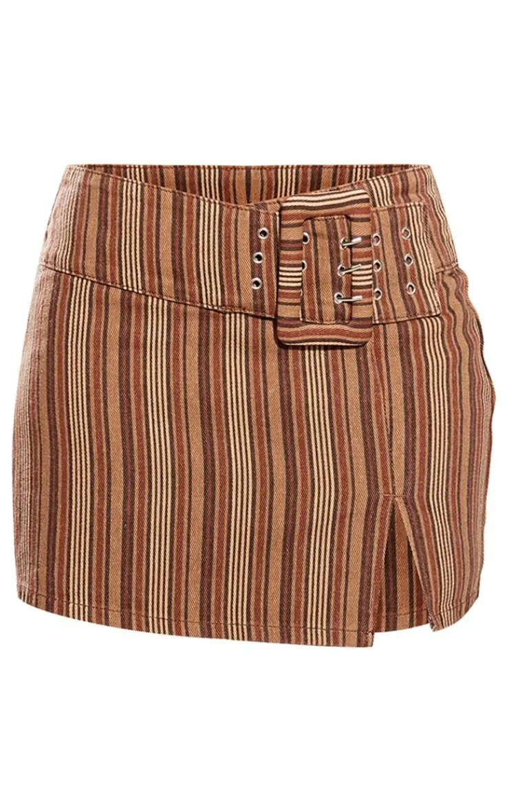 Discount PrettyLittleThing Stripe Belted Denim Mini Skirt Brown