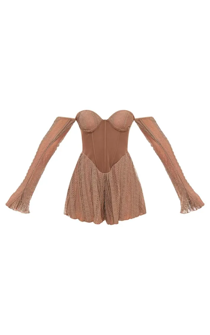 Brown Textured Lace Corset Detail Long Sleeve Romper