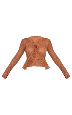Brown Textured Tie Front Beach Shirt