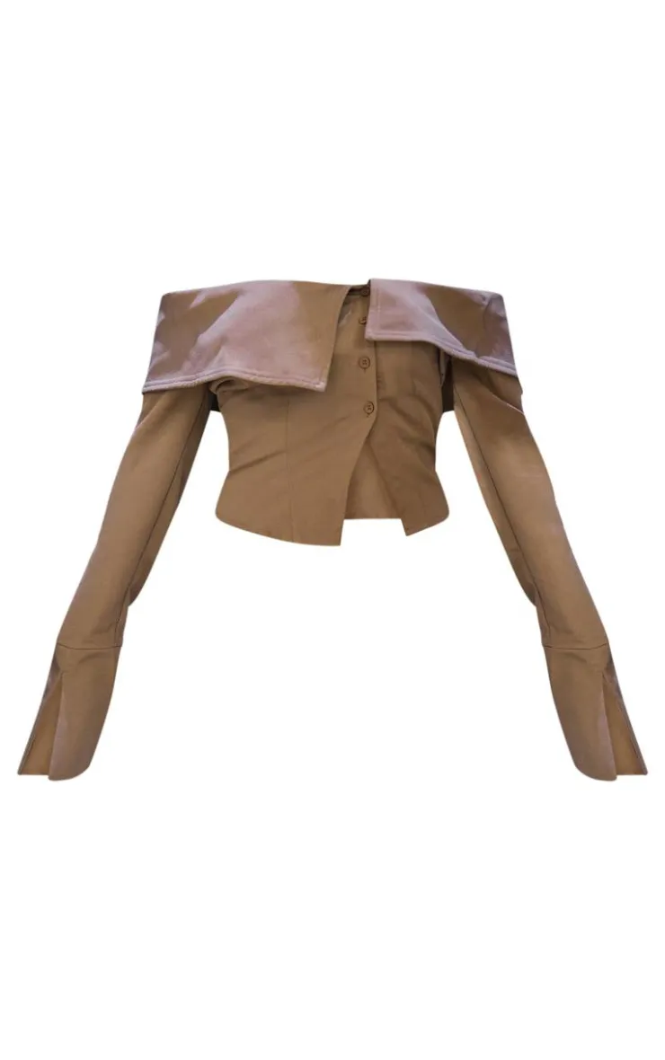 Outlet PrettyLittleThing Textured Woven Fold Over Detail Long Sleeve Top Brown