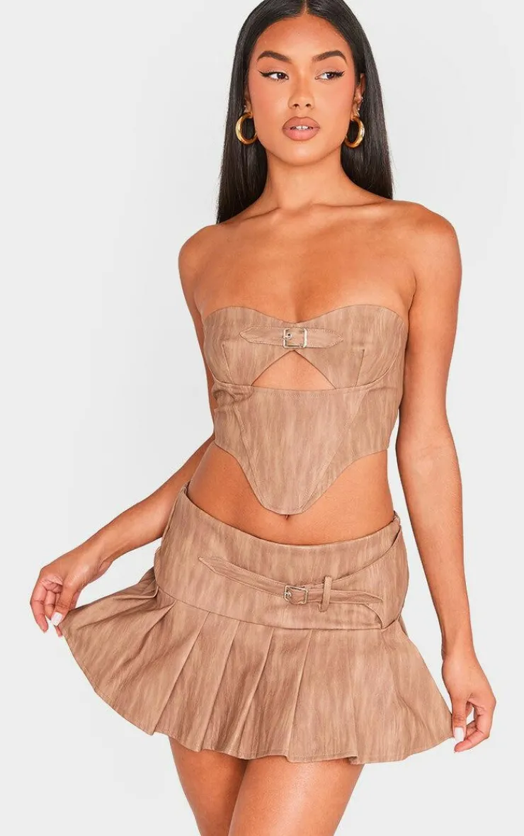Outlet PrettyLittleThing Washed Faux Leather Buckle Detail Top Brown