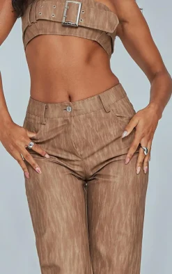 PrettyLittleThing Washed Faux Leather Belted Straight Leg Pants Brown