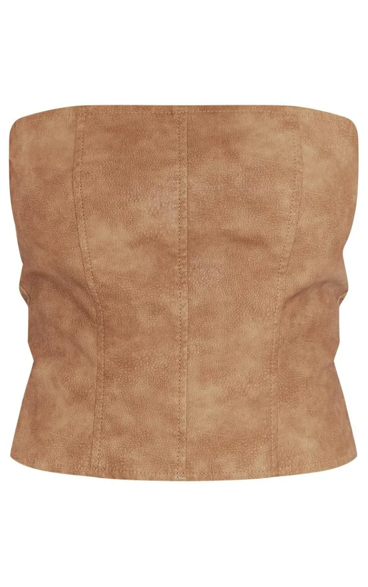 Online PrettyLittleThing Washed Faux Leather Seam Detail Corset Brown
