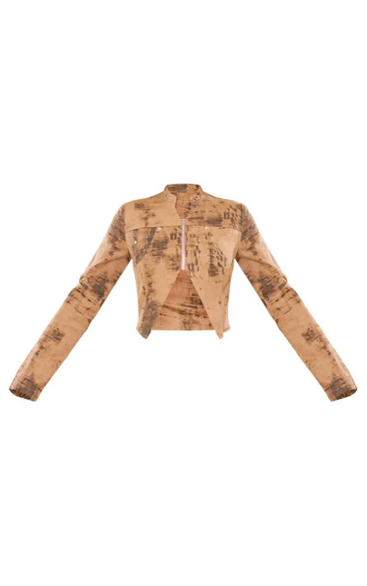 Discount PrettyLittleThing Washed Woven Zip Up Split Top Brown