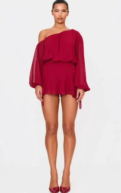 Burgundy Chiffon One Shoulder Floaty Skort Romper