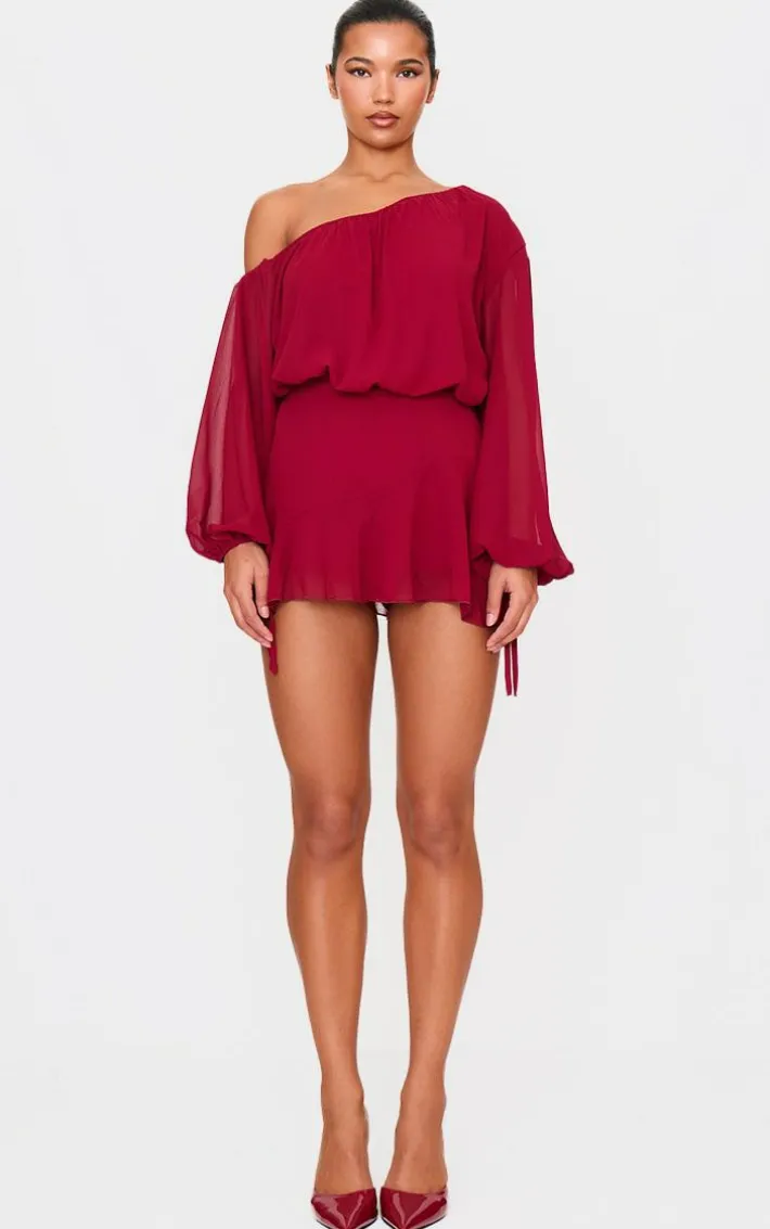 Burgundy Chiffon One Shoulder Floaty Skort Romper