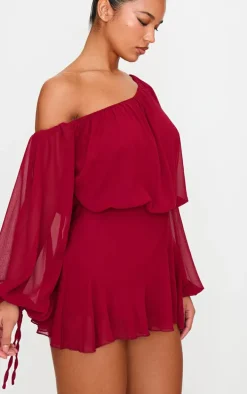 Burgundy Chiffon One Shoulder Floaty Skort Romper