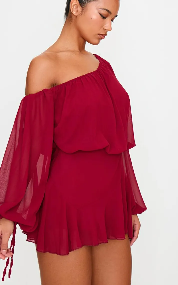 Burgundy Chiffon One Shoulder Floaty Skort Romper