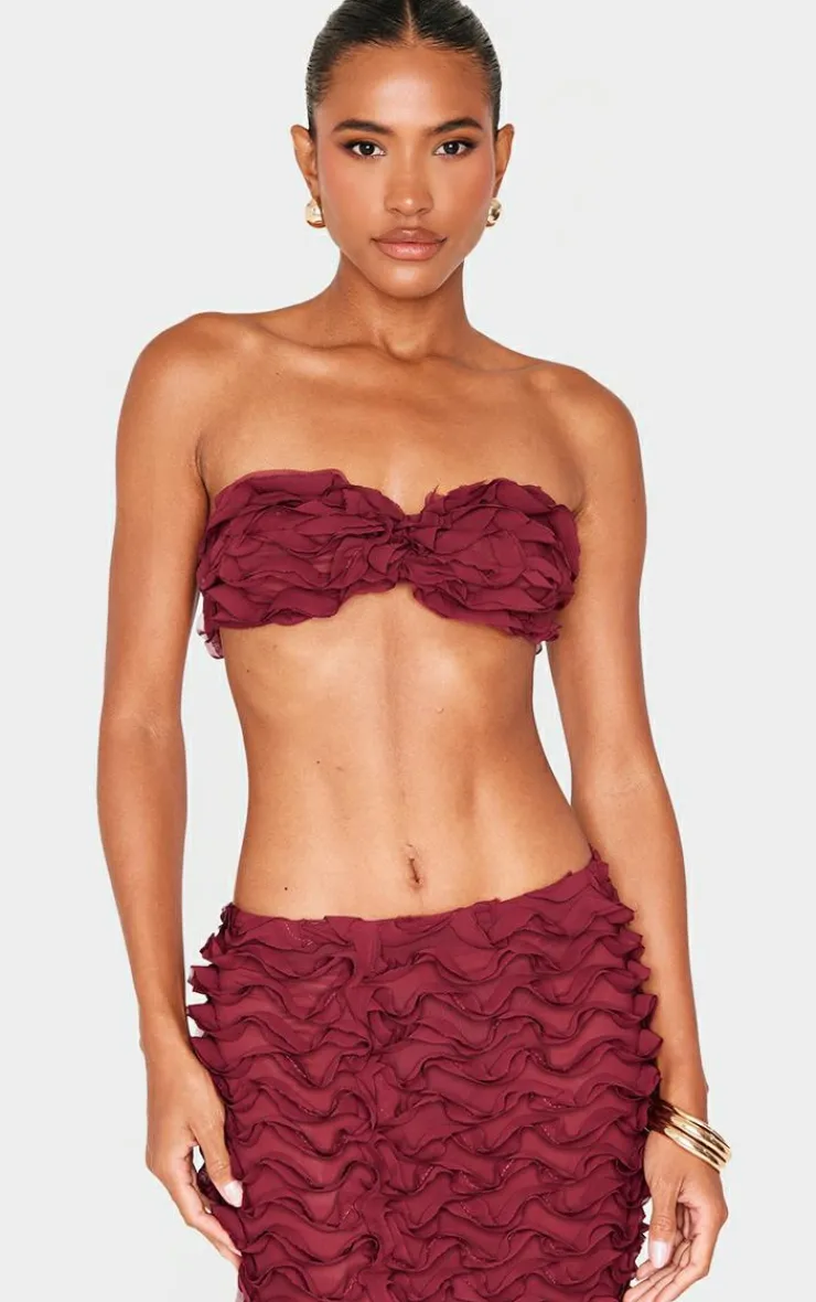 PrettyLittleThing Chiffon Ruffle Bandeau Top Burgundy