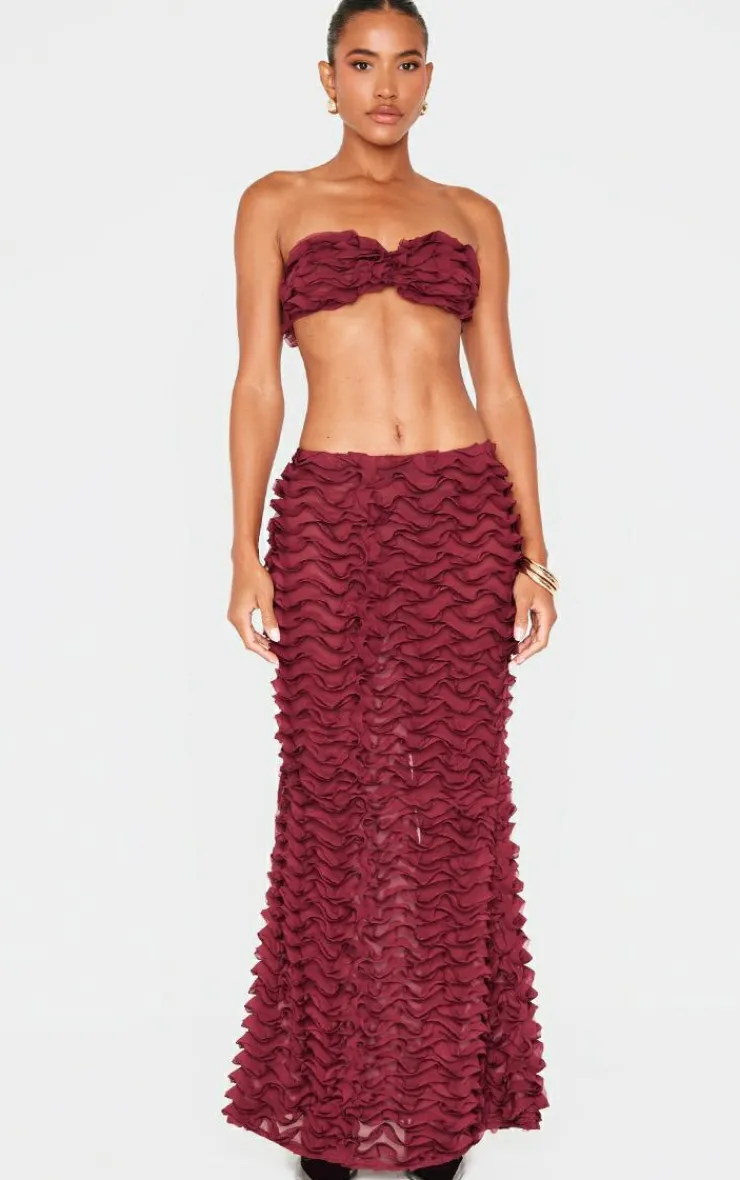 PrettyLittleThing Chiffon Ruffle Bandeau Top Burgundy