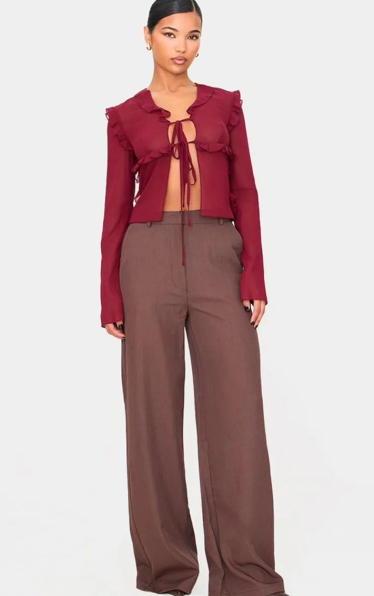 PrettyLittleThing Blouses*Chiffon Ruffle Fitted Tie Front Blouse