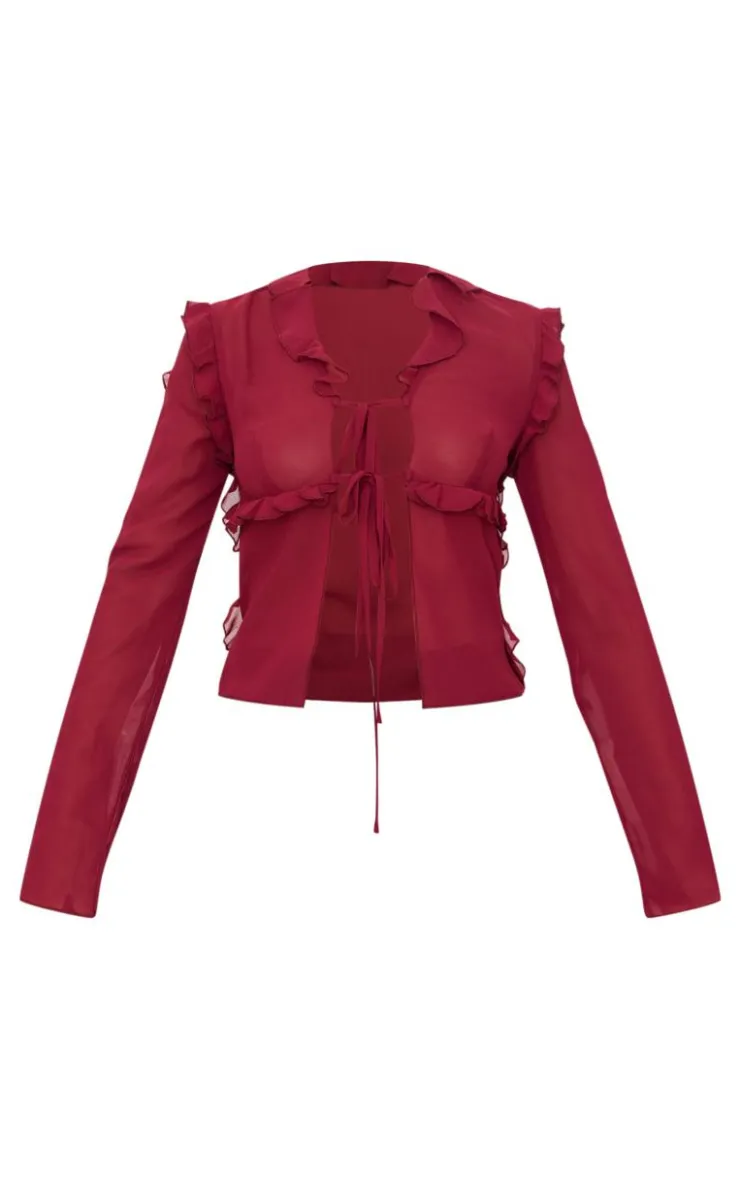 PrettyLittleThing Blouses*Chiffon Ruffle Fitted Tie Front Blouse