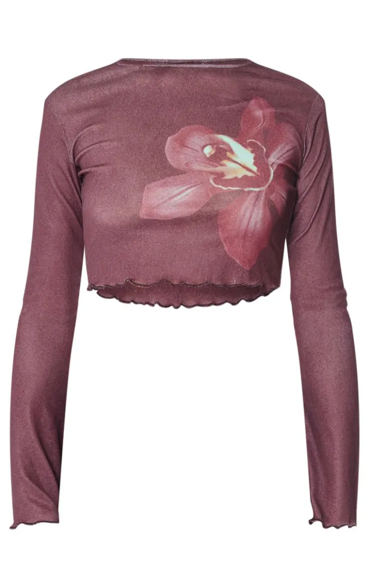 PrettyLittleThing Floral Print Long Sleeve Top Burgundy