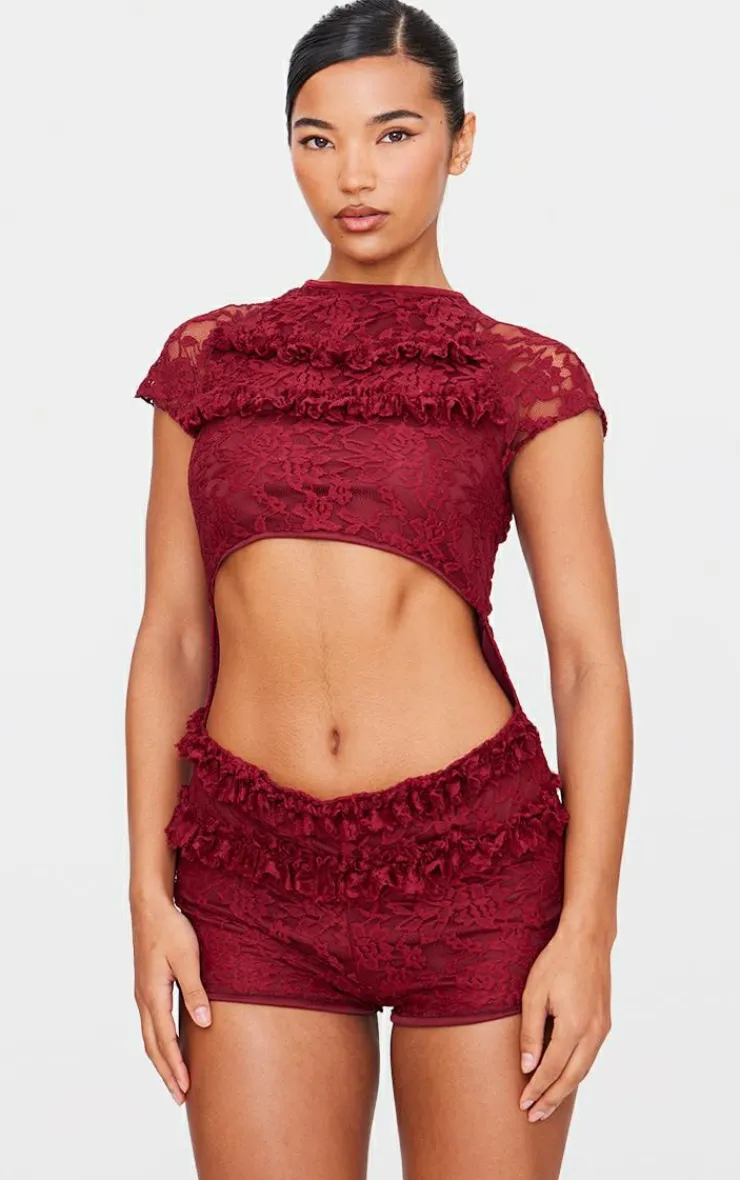 Lace Ruffle Detail Cut Out Rara Skort Romper-PrettyLittleThing Hot