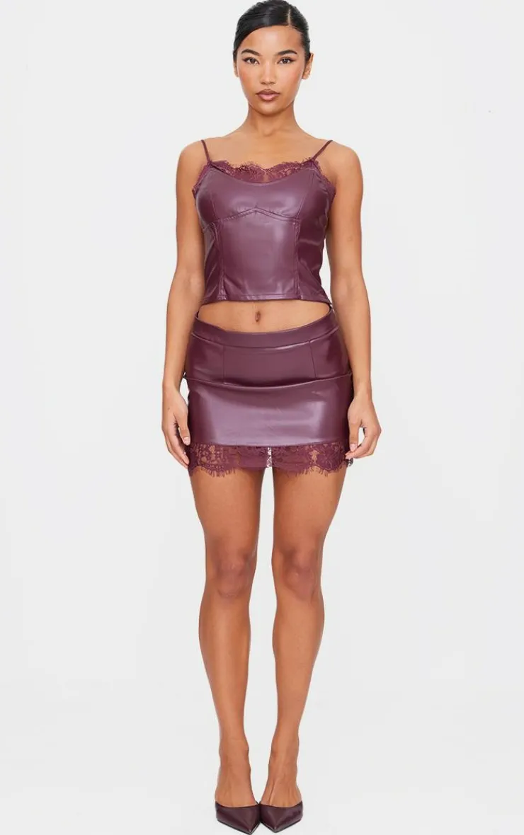 PrettyLittleThing Matte Faux Leather Lace Trim Mini Skirt Burgundy