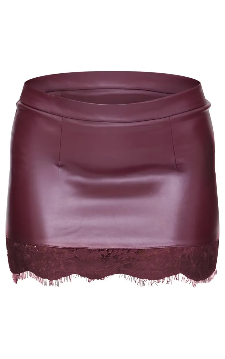 PrettyLittleThing Matte Faux Leather Lace Trim Mini Skirt Burgundy