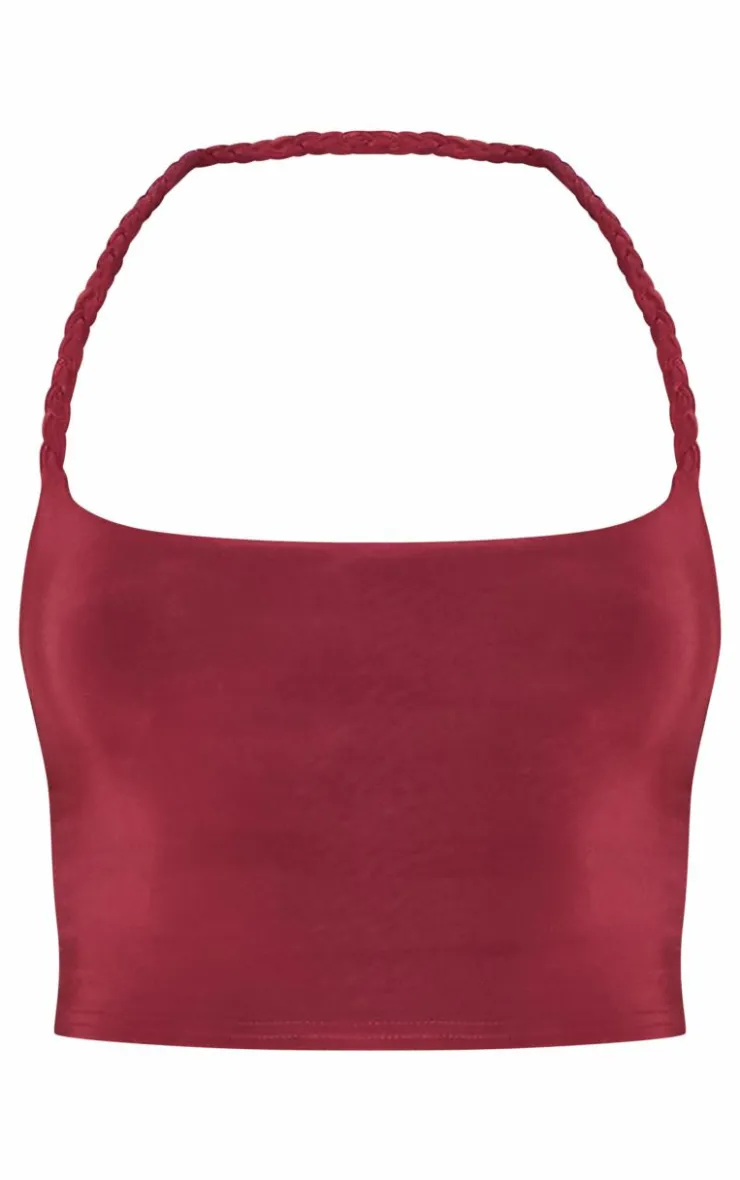 Sale PrettyLittleThing Slinky Braided Strap Detail Top Burgundy