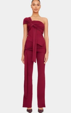 New PrettyLittleThing Soft Touch Tie Detail Flared Pants Burgundy