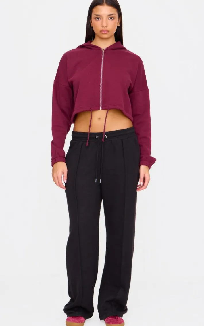 Burgundy Toggle Waist Zip Up Cropped Hoodie