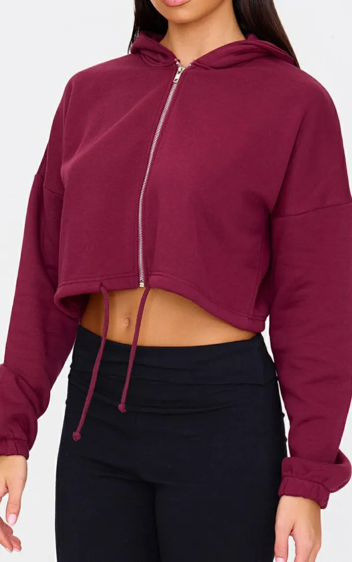 Burgundy Toggle Waist Zip Up Cropped Hoodie