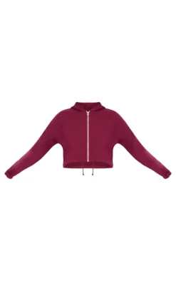 Burgundy Toggle Waist Zip Up Cropped Hoodie