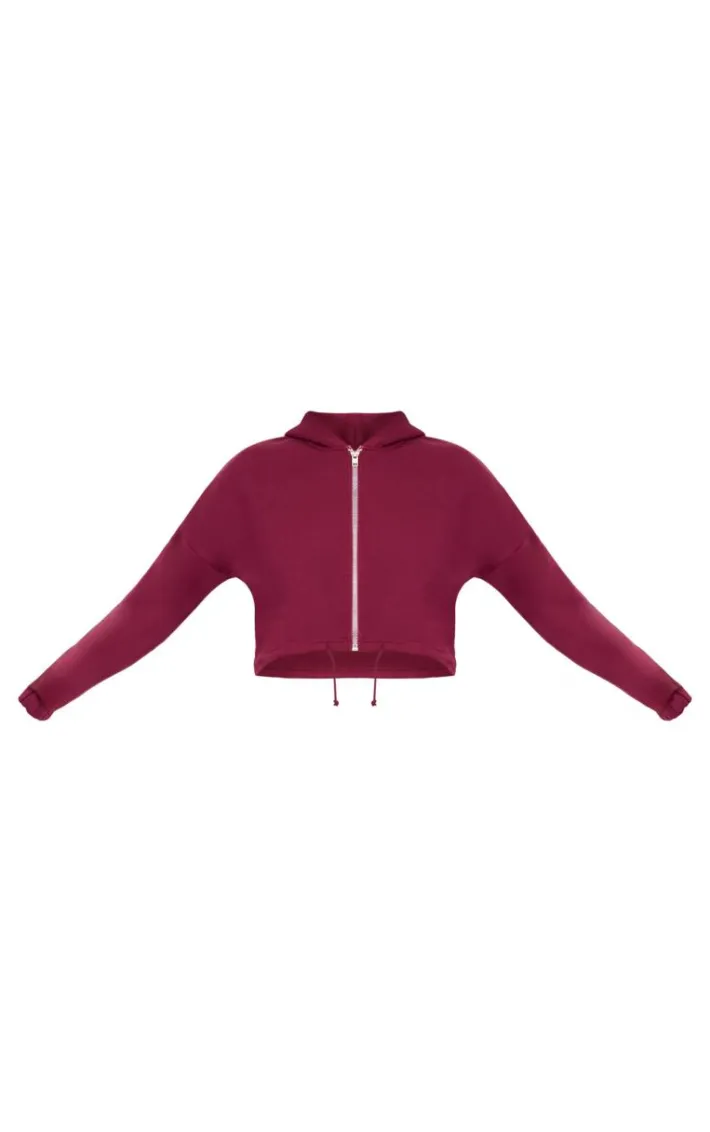 Burgundy Toggle Waist Zip Up Cropped Hoodie