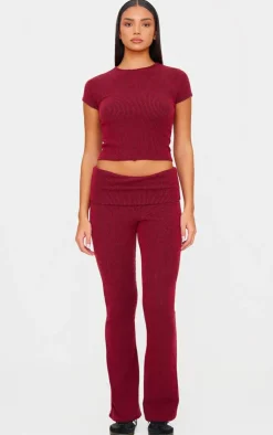 Best PrettyLittleThing Two Tone Crinkle Rib Foldover Skinny Flared Pants Burgundy