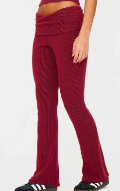 Best PrettyLittleThing Two Tone Crinkle Rib Foldover Skinny Flared Pants Burgundy