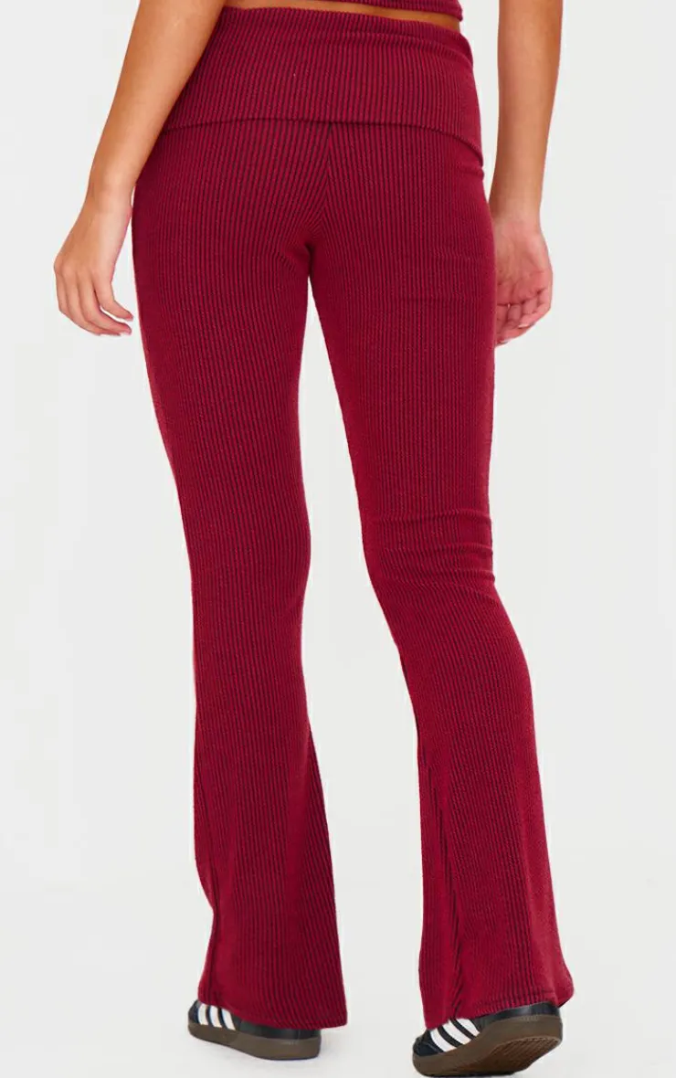 Best PrettyLittleThing Two Tone Crinkle Rib Foldover Skinny Flared Pants Burgundy