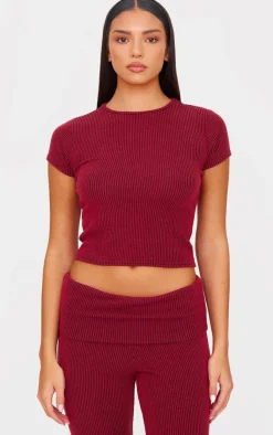 Best PrettyLittleThing Two Tone Crinkle Rib Foldover Skinny Flared Pants Burgundy