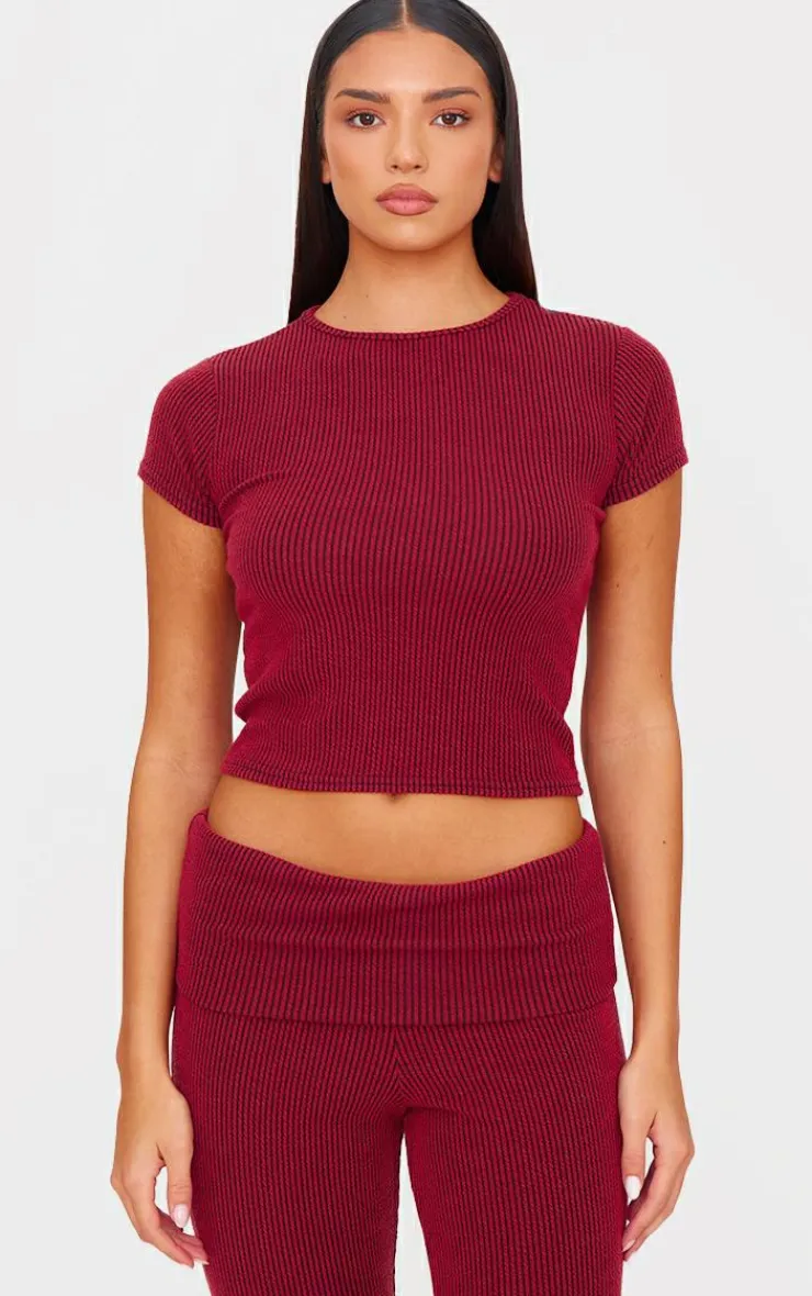 Best PrettyLittleThing Two Tone Crinkle Rib Foldover Skinny Flared Pants Burgundy