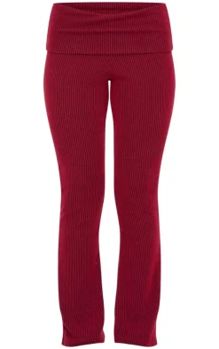 Best PrettyLittleThing Two Tone Crinkle Rib Foldover Skinny Flared Pants Burgundy