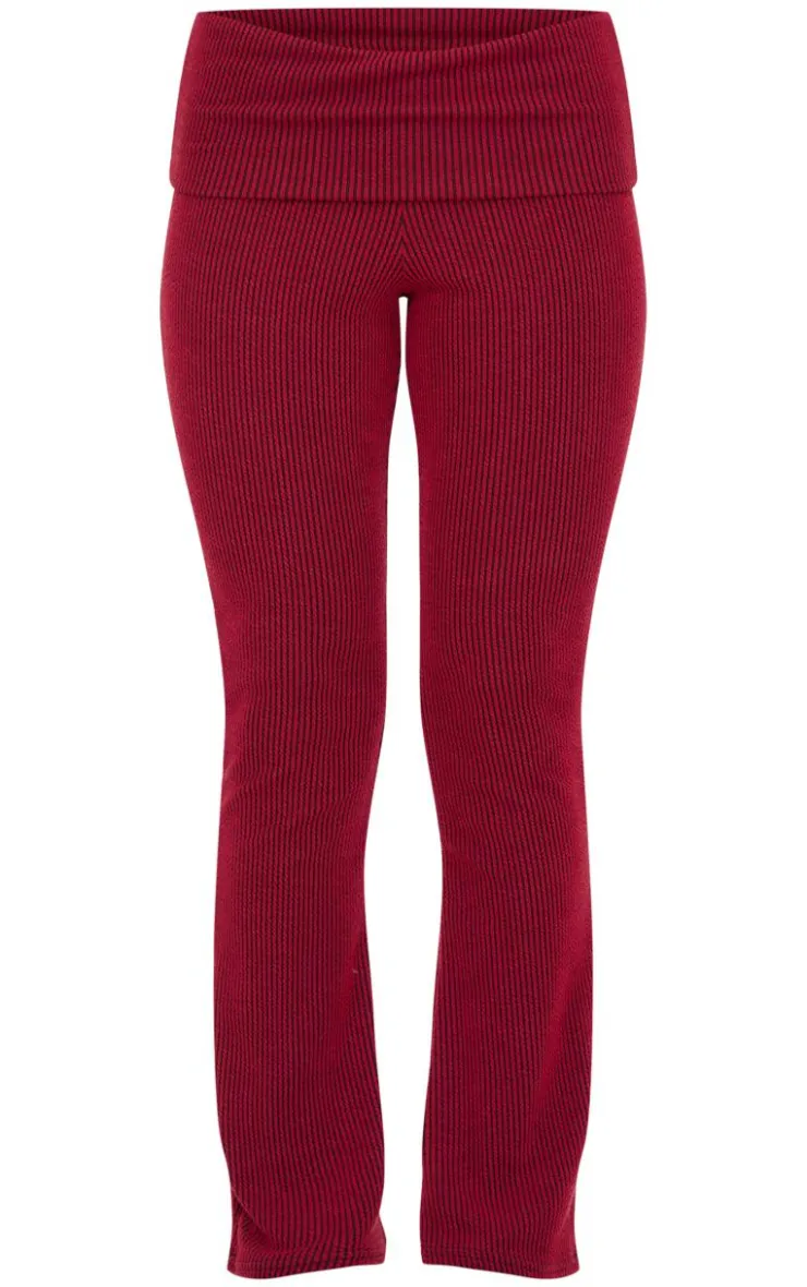 Best PrettyLittleThing Two Tone Crinkle Rib Foldover Skinny Flared Pants Burgundy