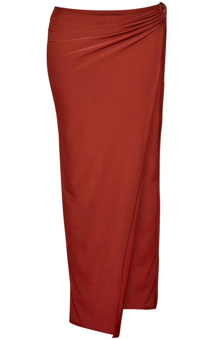 Online PrettyLittleThing Double Layer Slinky Ruched Asymmetrical Maxi Skirt Burnt Orange