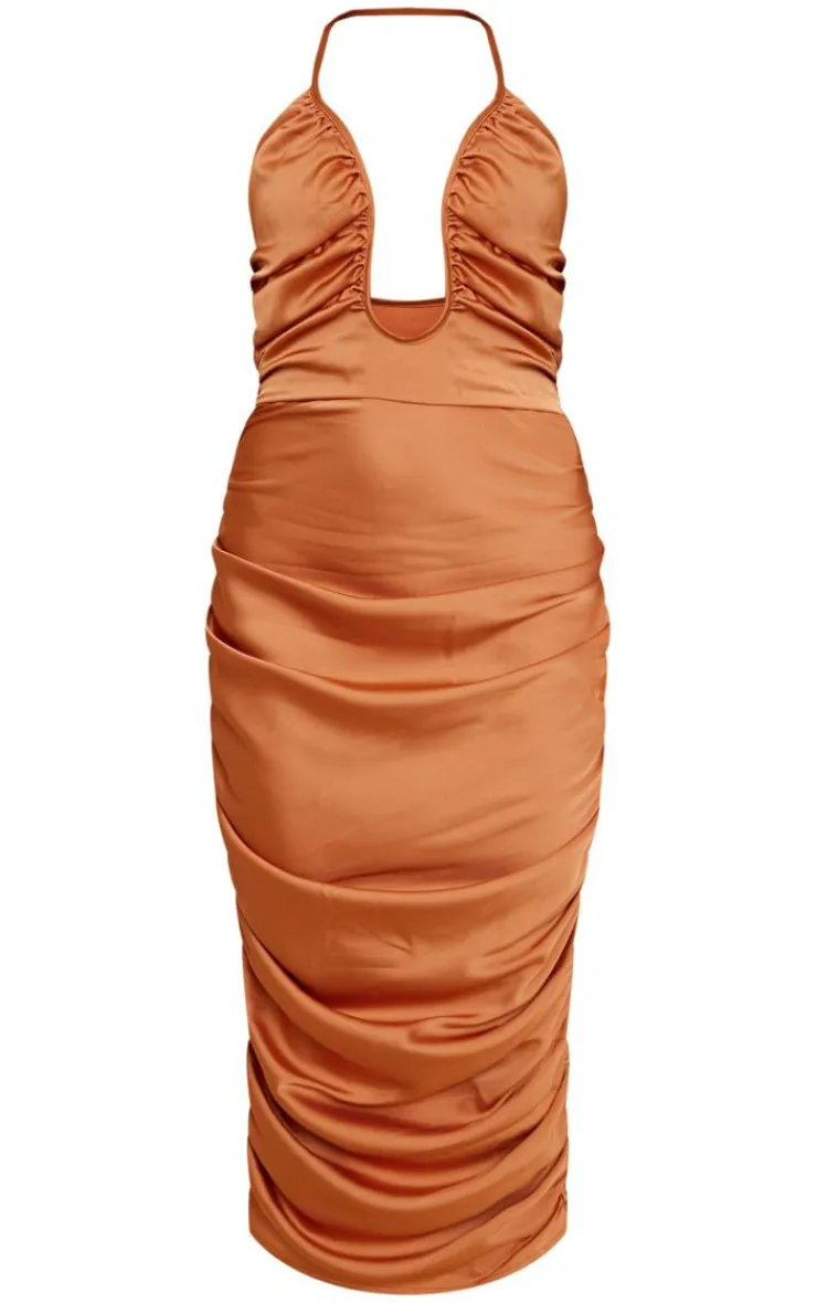 Satin Plunge Ruched Midaxi Dress-PrettyLittleThing New
