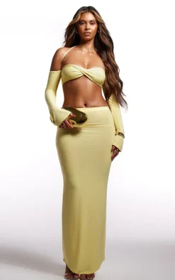 Clearance PrettyLittleThing Butter Cream Slinky Low Rise Maxi Skirt Yellow