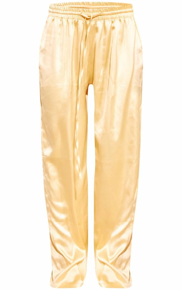Best PrettyLittleThing Buttercream Satin Drawstring Waist Straight Leg Pants Butter Cream