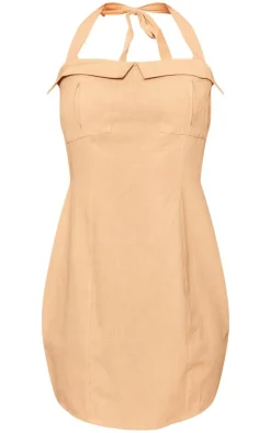 Linen Look Pocket Halterneck Tie Bodycon Dress-PrettyLittleThing Clearance