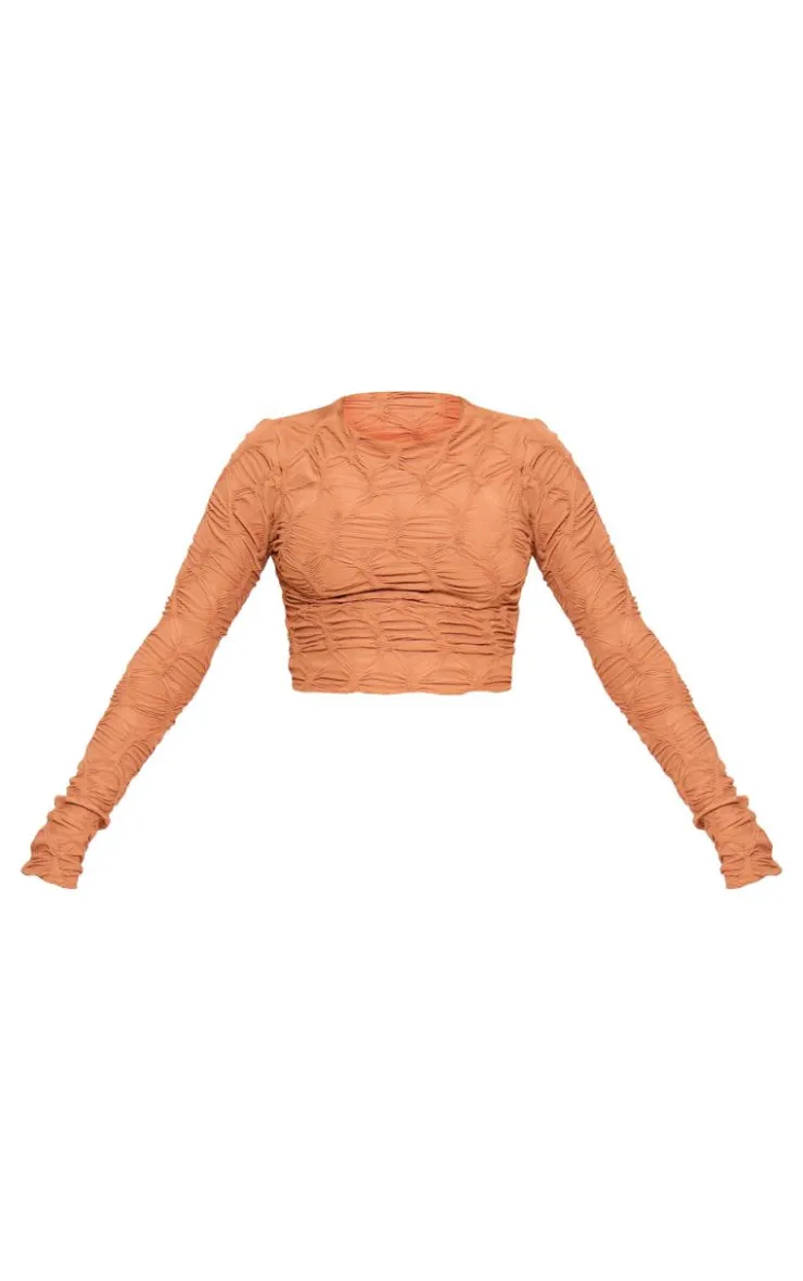Discount PrettyLittleThing Textured Long Sleeve Crop Top Camel
