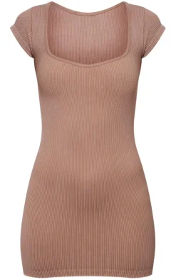 PrettyLittleThing Snatched*Washed Snatched Rib Crew Neck Cap Sleeve Bodycon Dress