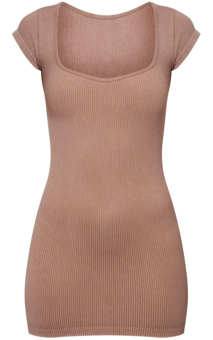 PrettyLittleThing Snatched*Washed Snatched Rib Crew Neck Cap Sleeve Bodycon Dress