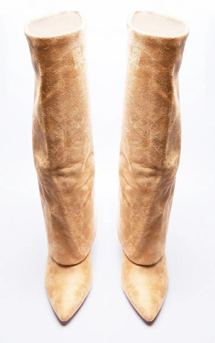 PrettyLittleThing Wide Fit Boots*Wide Fit Faux Suede Pointed Fold Over Block Heel Knee Boots