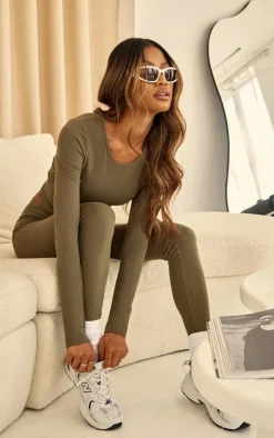 Hot PrettyLittleThing Charcoal Snatched Sculpt Long Sleeve Top Green