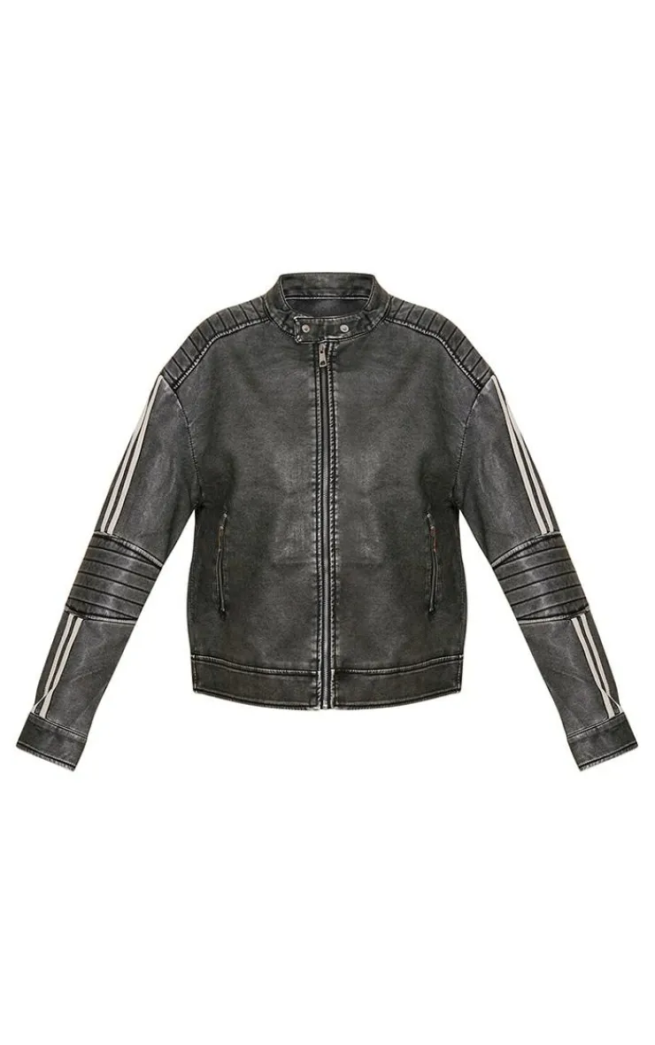 PrettyLittleThing Faux Leather Jackets*Faux Leather Distressed Quilted Detail Biker Jacket