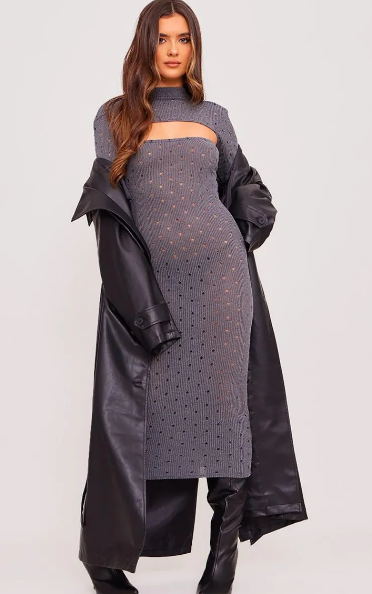 Ribbed Long Sleeve Cut Out Midi Dress-PrettyLittleThing New