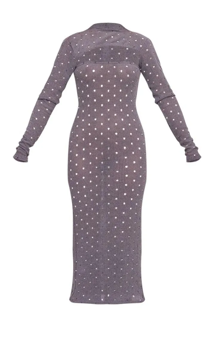 Ribbed Long Sleeve Cut Out Midi Dress-PrettyLittleThing New