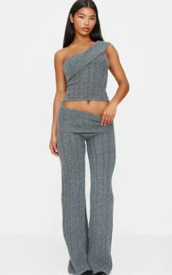 Online PrettyLittleThing Marl Textured Knit Foldover Bandeau Top Charcoal