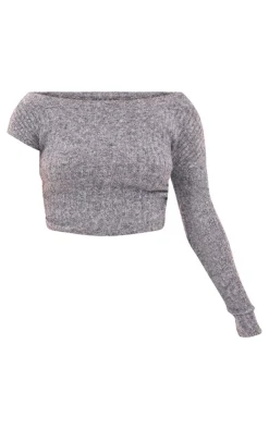 PrettyLittleThing Ribbed Knit One Sleeve Ruched Side Top Charcoal