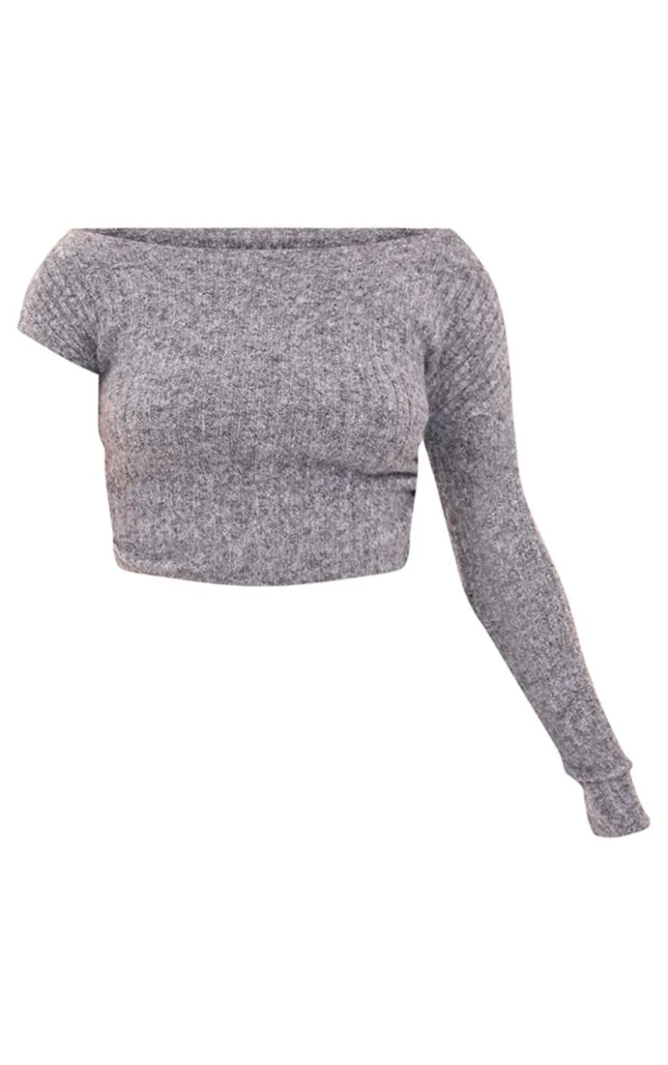 PrettyLittleThing Ribbed Knit One Sleeve Ruched Side Top Charcoal