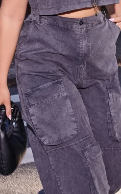 Hot PrettyLittleThing Washed Pocket Detail Wide Leg Cargo Pants Charcoal
